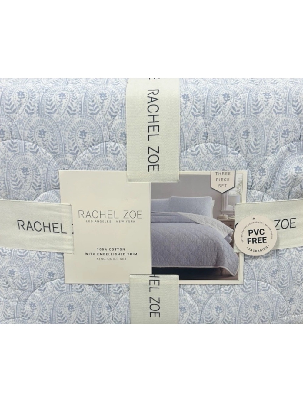 Rachel Zoe Blue and White Cotton with Embellished Trim King Quilt Set 106”x92”